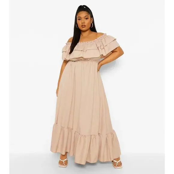 Boohoo | Dresses | Boohoo Off Shoulder Ruffled Bardot Flare Maxi Dress Size  8 Beige | Poshmark